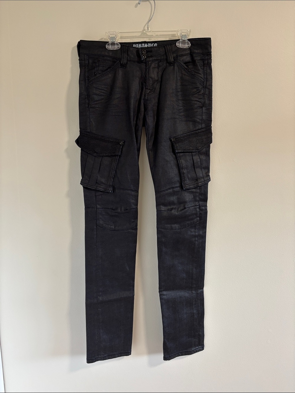 Parasuco Women's Shinny Black Cargo Pants with Distressed Utility Style 27